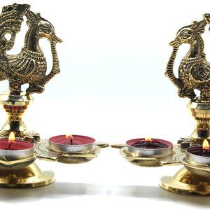 Pair of Handmade Solid Brass Peacock Tabletop 3 Tealight Candle holders/ Diya